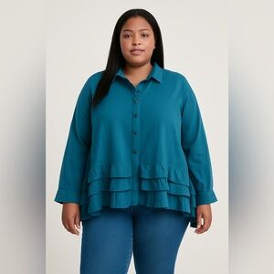 LOGO by Lori Goldstein Teal Layered Button-Down Shirt